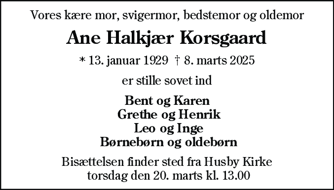 Dødsannonce for Ane Halkjær Korsgaard