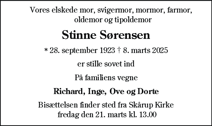 Dødsannonce for Kristine Dorthea Sørensen