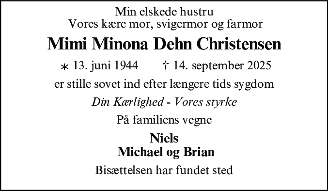 Dødsannonce for Mimi Minona Dehn Christensen