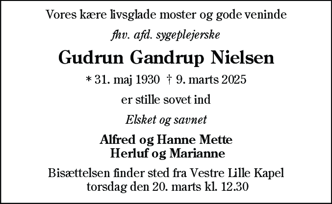 Dødsannonce for Gudrun Nielsen