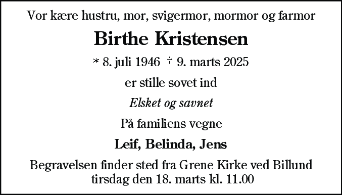 Dødsannonce for Birthe Kristensen