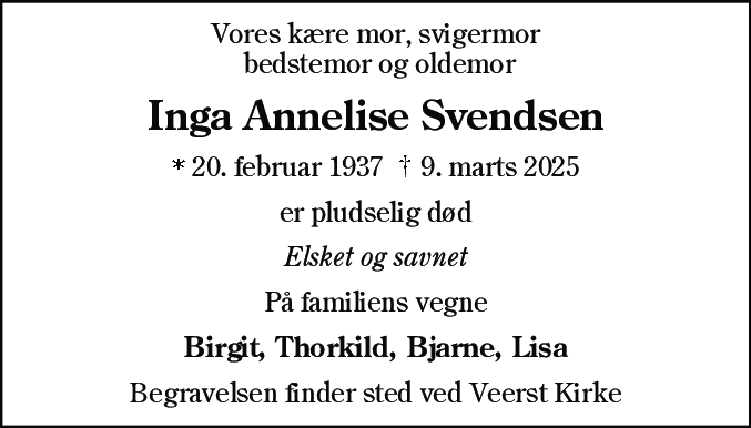 Dødsannonce for Inga Annelise Svendsen
