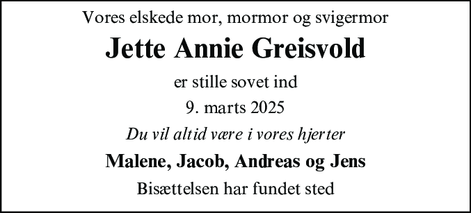 Dødsannonce for Jette Annie Greisvold