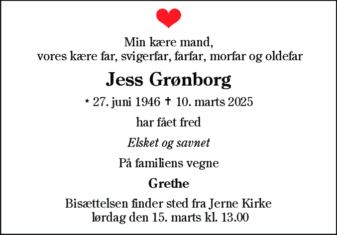 Dødsannonce for Jess Grønborg