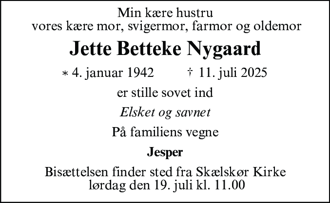 Dødsannonce for Jette Betteke Nygaard