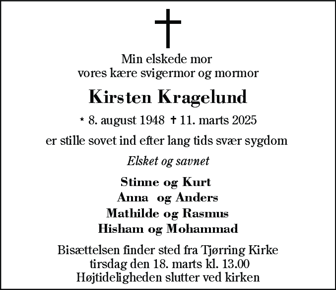 Dødsannonce for Kirsten Kragelund