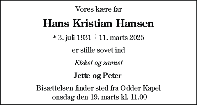 Dødsannonce for Hans Kristian Hansen