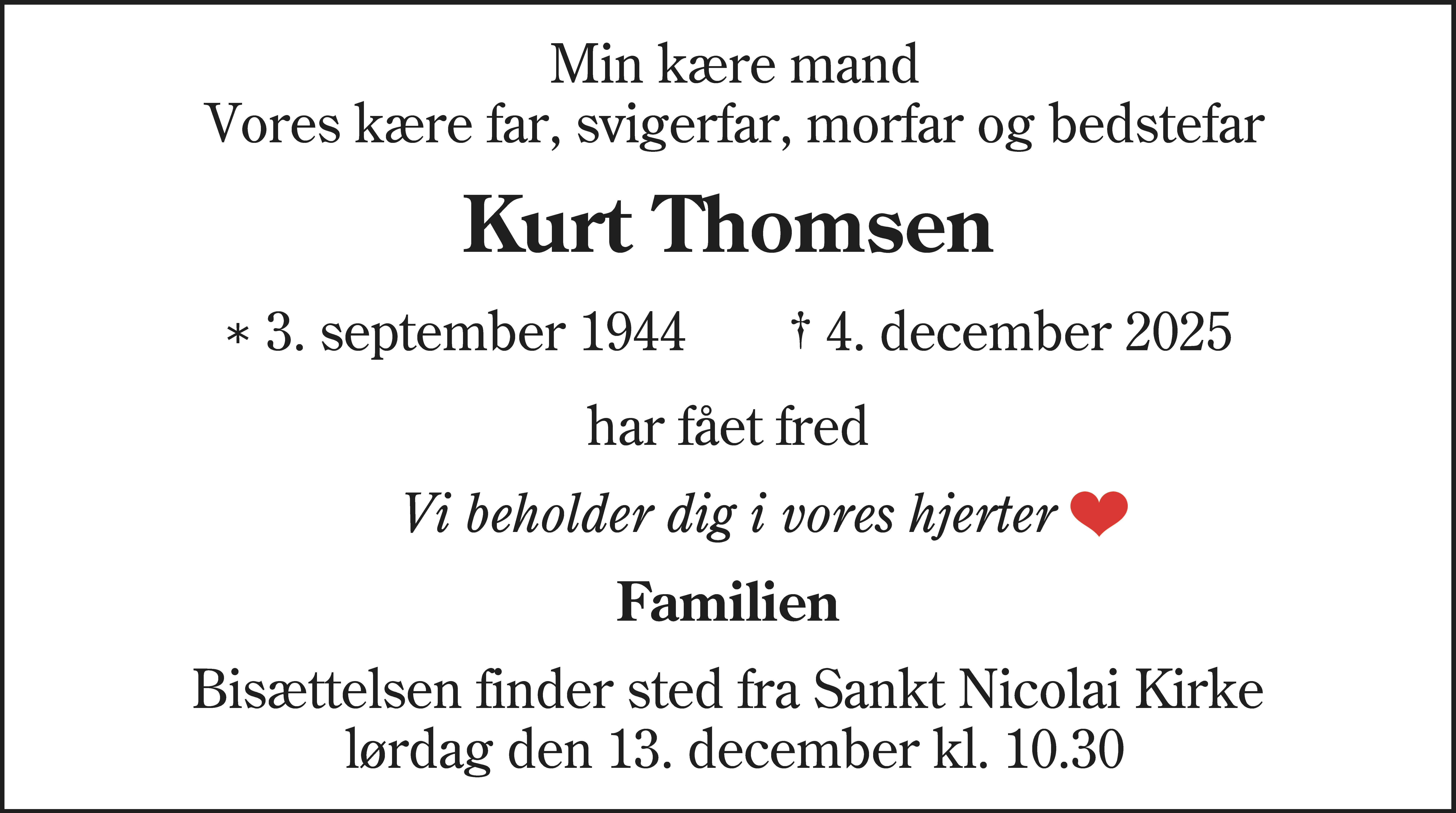Dødsannonce for Kurt Thomsen