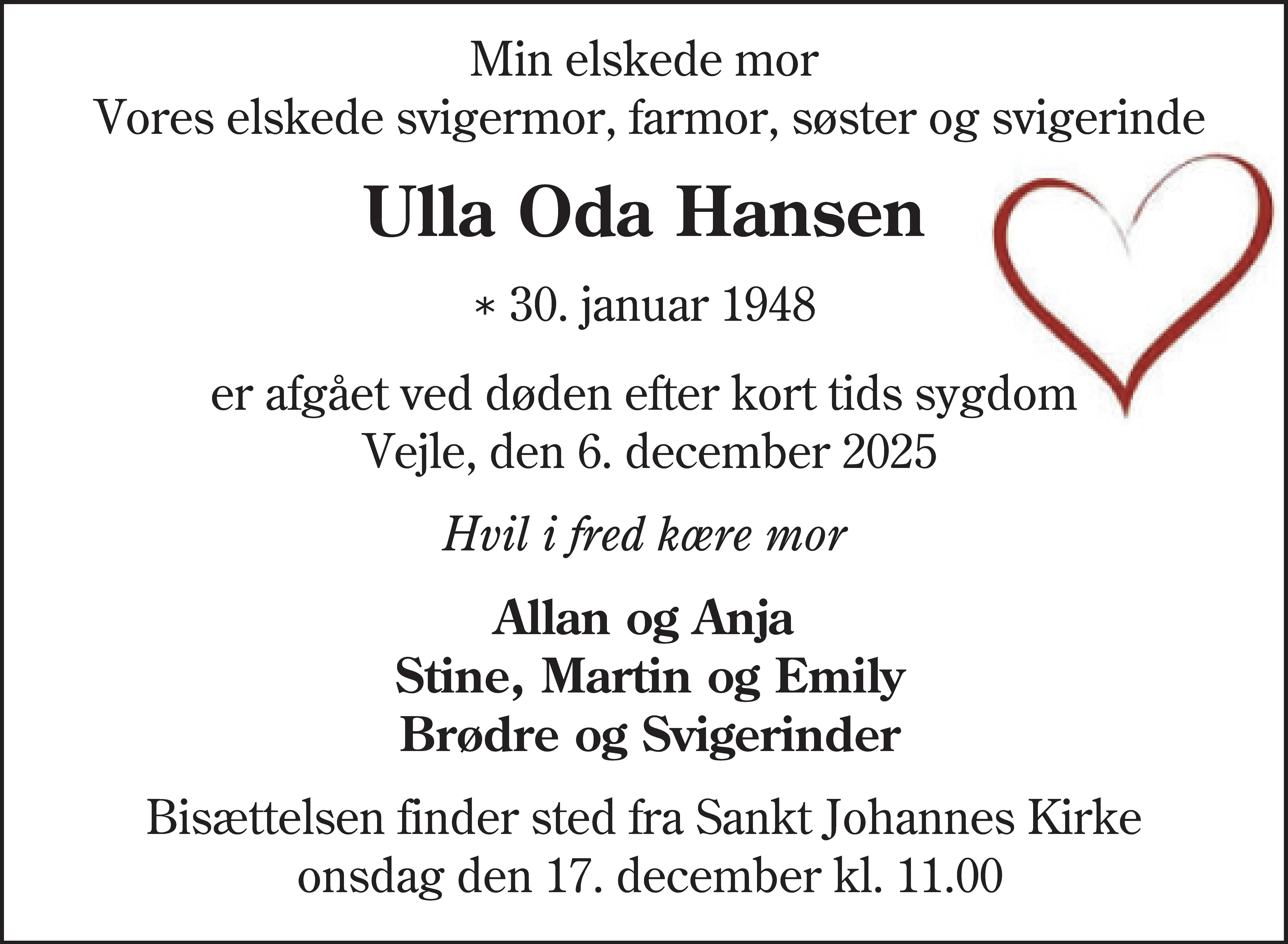 Dødsannonce for Ulla Oda Hansen