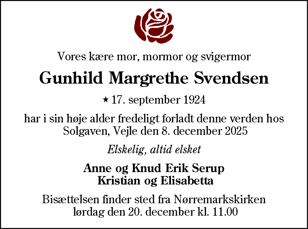 Dødsannonce for Gunhild Margrethe Svendsen