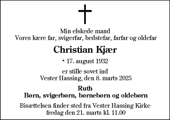 Dødsannonce for Christian Kjær