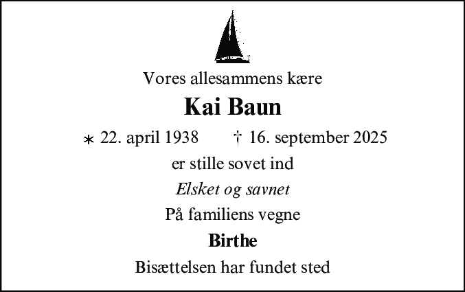 Dødsannonce for Kai Baun