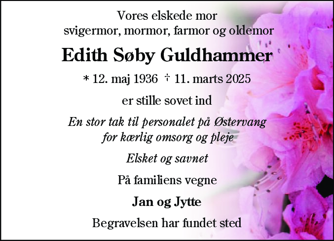 Dødsannonce for Edith Søby Guldhammer