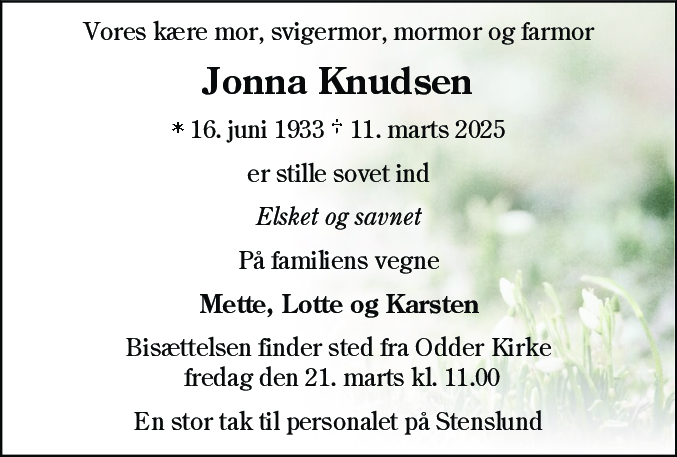 Dødsannonce for Jonna Knudsen