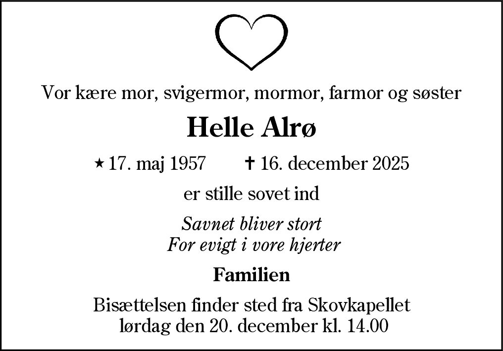 Dødsannonce for Helle Alrø