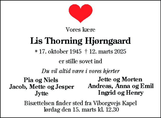 Dødsannonce for Lis Thorning Hjørngaard