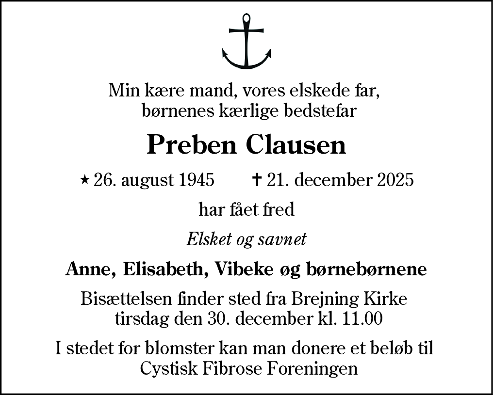 Dødsannonce for Preben Clausen