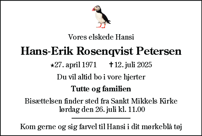 Dødsannonce for Hans-Erik Rosenqvist Petersen
