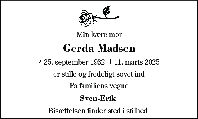 Dødsannonce for Gerda Madsen