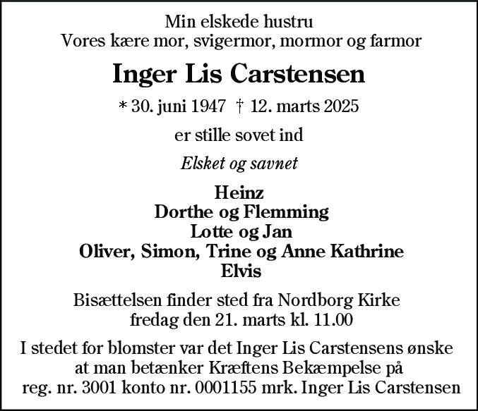 Dødsannonce for Inger Lis Carstensen