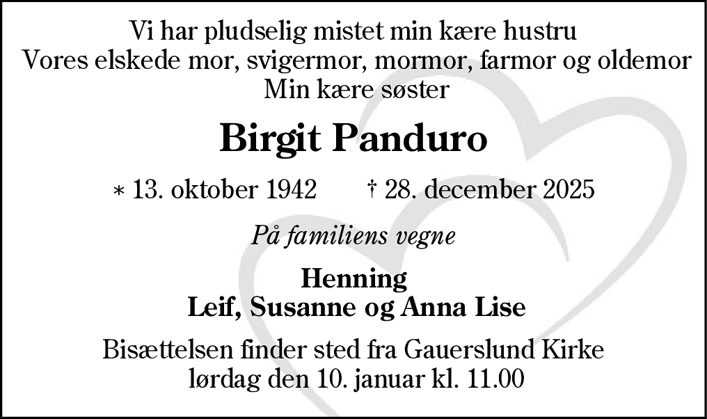 Dødsannonce for Birgit Panduro