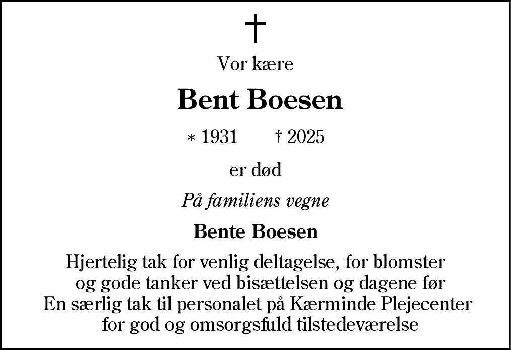 Dødsannonce for Johannes Bent Boesen