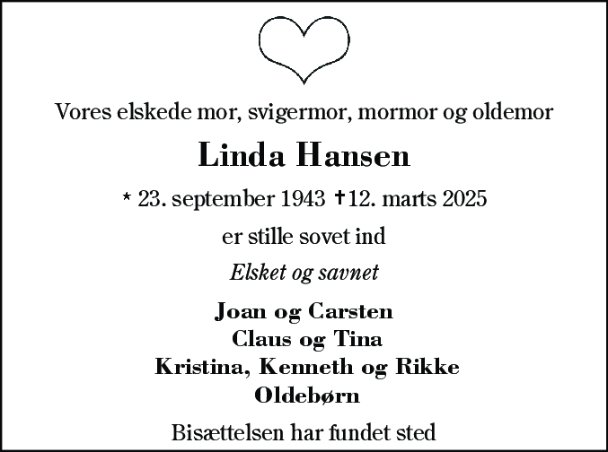Dødsannonce for Linda Hansen