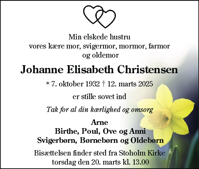 Dødsannonce for Johanne Elisabeth Christensen