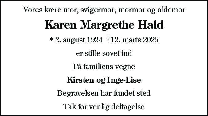 Dødsannonce for Karen Margrethe Hald