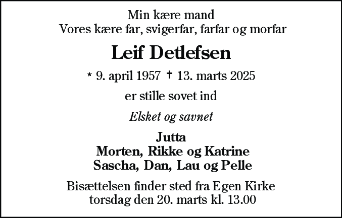 Dødsannonce for Leif Detlefsen