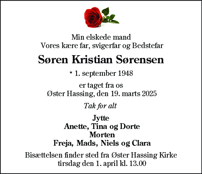 Dødsannonce for Søren Kristian Sørensen
