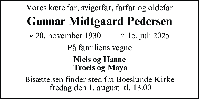 Dødsannonce for Gunnar Midtgaard Pedersen