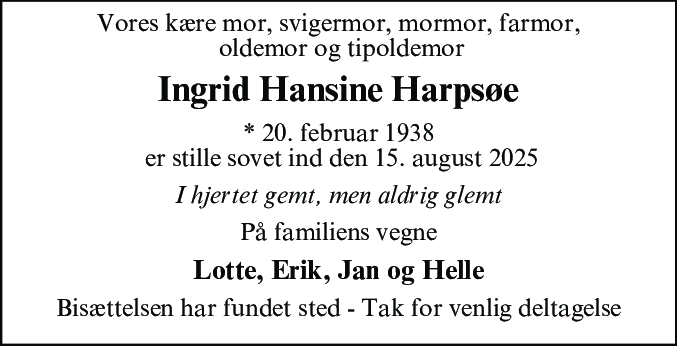 Dødsannonce for Ingrid Hansine Harpsøe