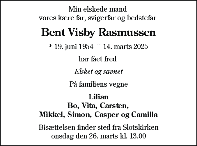 Dødsannonce for Bent Visby Rasmussen
