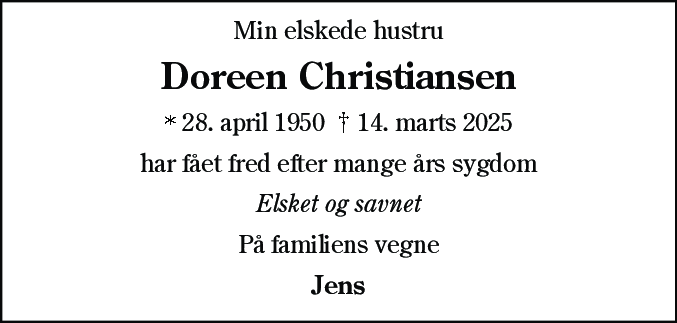 Dødsannonce for Doreen Christiansen