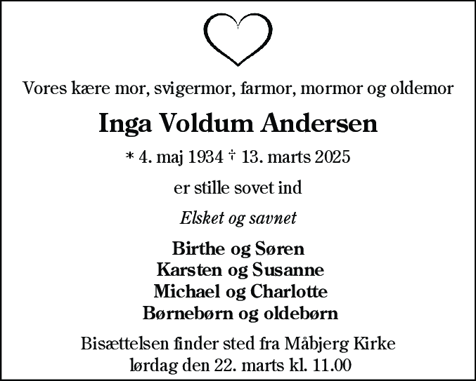 Dødsannonce for Inga Voldum Andersen