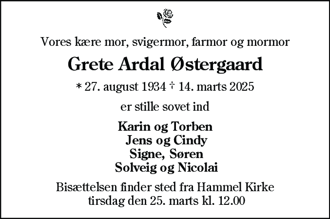 Dødsannonce for Grethe Ardal Østergaard