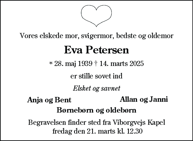 Dødsannonce for Eva Petersen