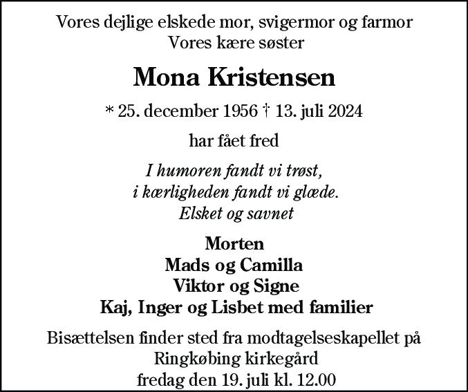 Dødsannonce for Mona Kristensen