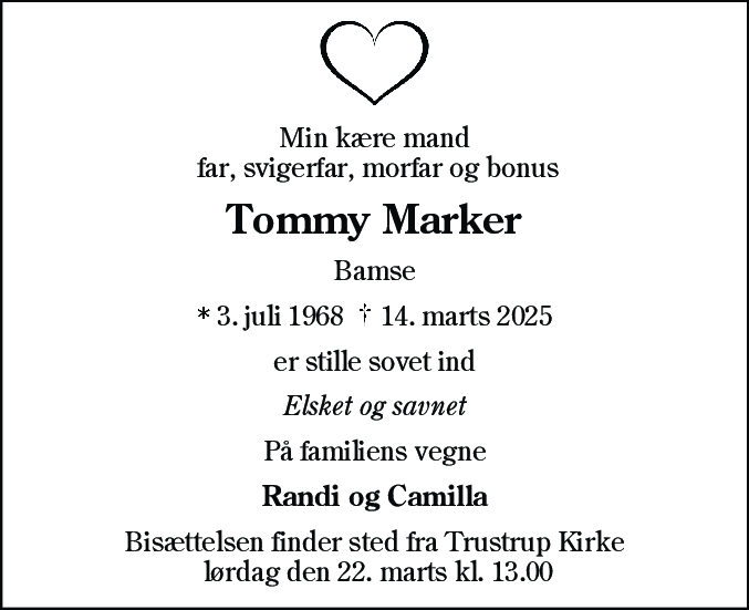 Dødsannonce for Tommy Marker