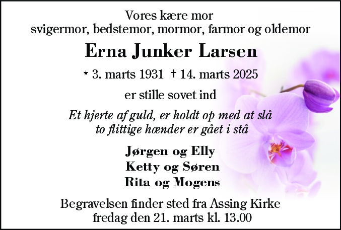 Dødsannonce for Erna Junker Larsen