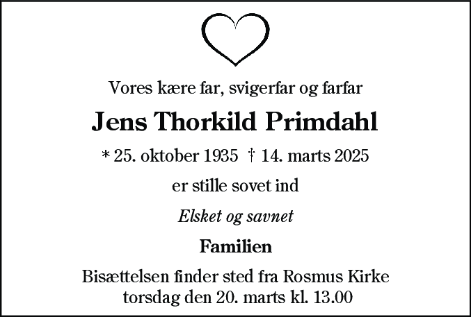 Dødsannonce for Jens Thorkild Primdahl