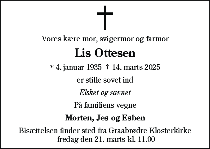 Dødsannonce for Lis Ottesen