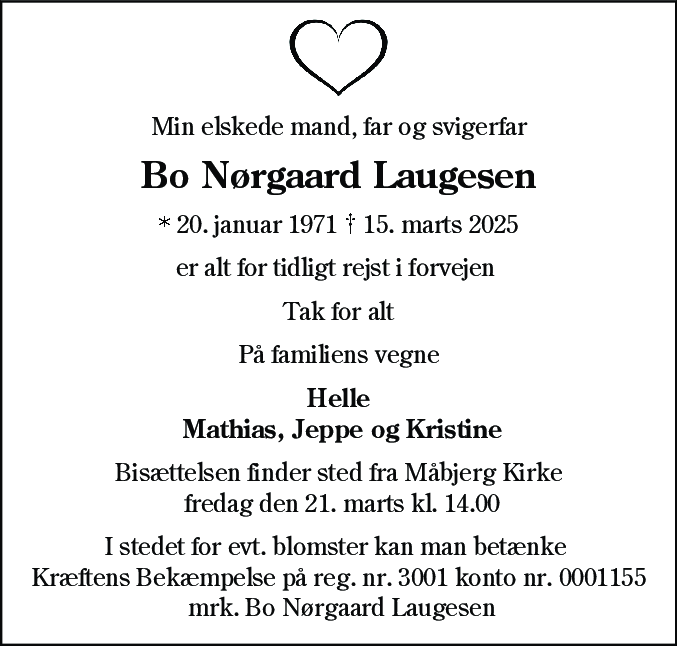 Dødsannonce for Bo Nørgaard Laugesen