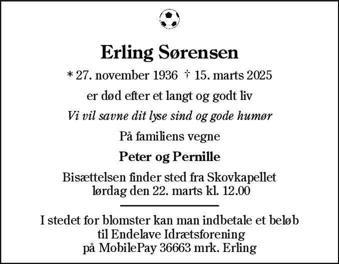 Dødsannonce for Erling Sørensen