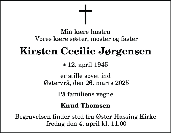 Dødsannonce for Kirsten Cecilie Jørgensen