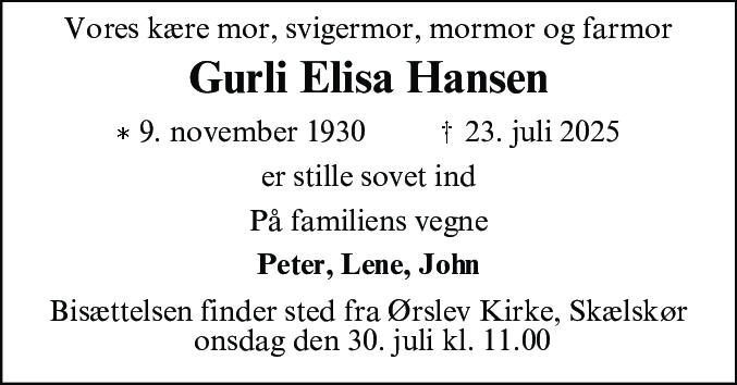 Dødsannonce for Gurli Elisa Hansen