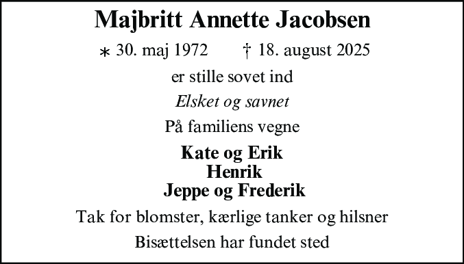 Dødsannonce for Majbritt Annette Jacobsen
