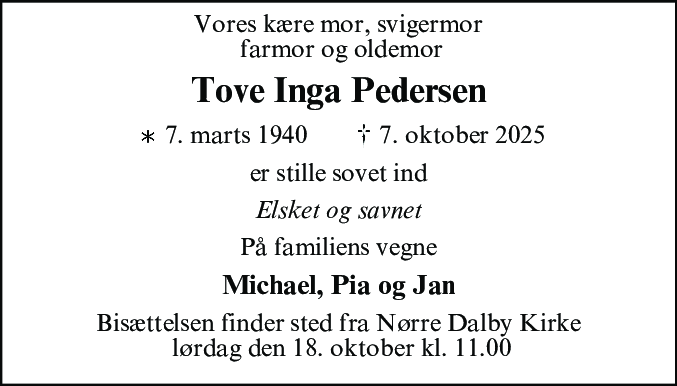 Dødsannonce for Tove Inga Pedersen