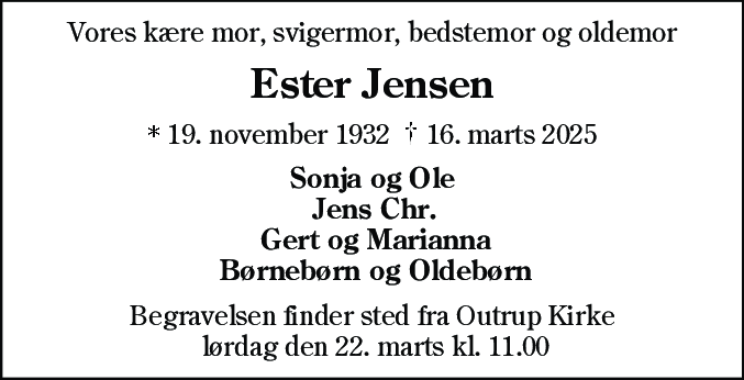 Dødsannonce for Ester Jensen